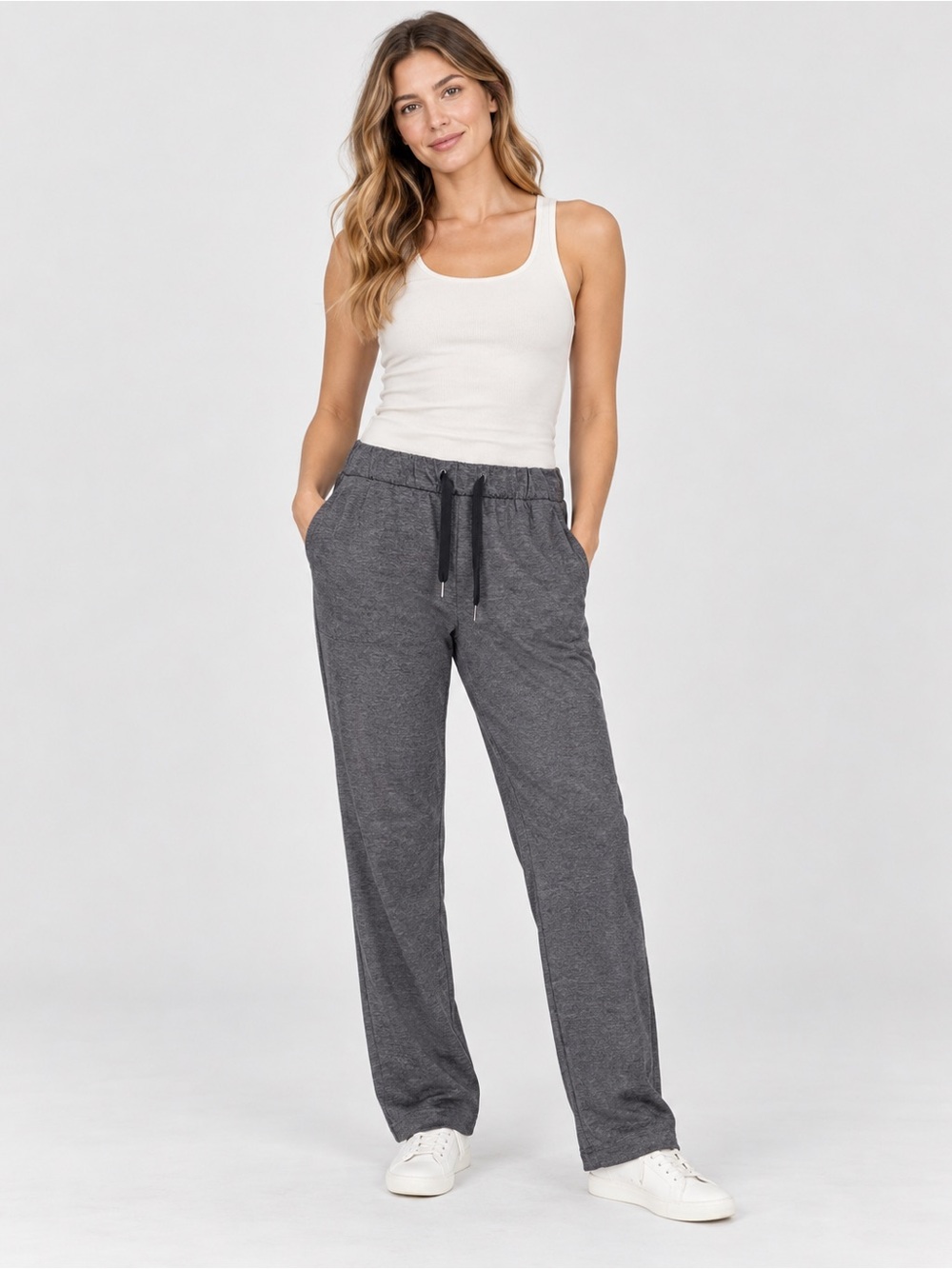Lululemon Heathered Charcoal Grey Straight Leg Drawstring Travel Yoga Pants 4